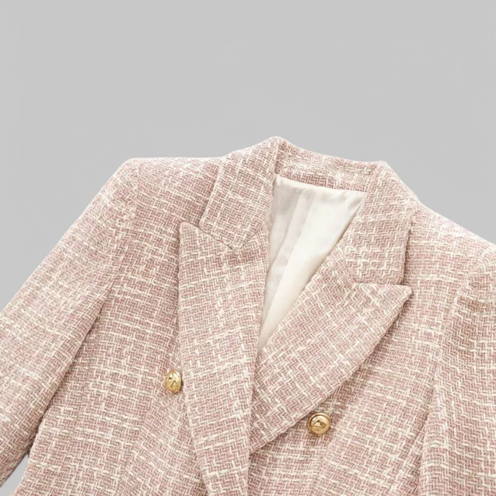 Blazer Tweed Femme – Boutonnage Croisé Col Cranté Poches à Rabat Style Intemporel