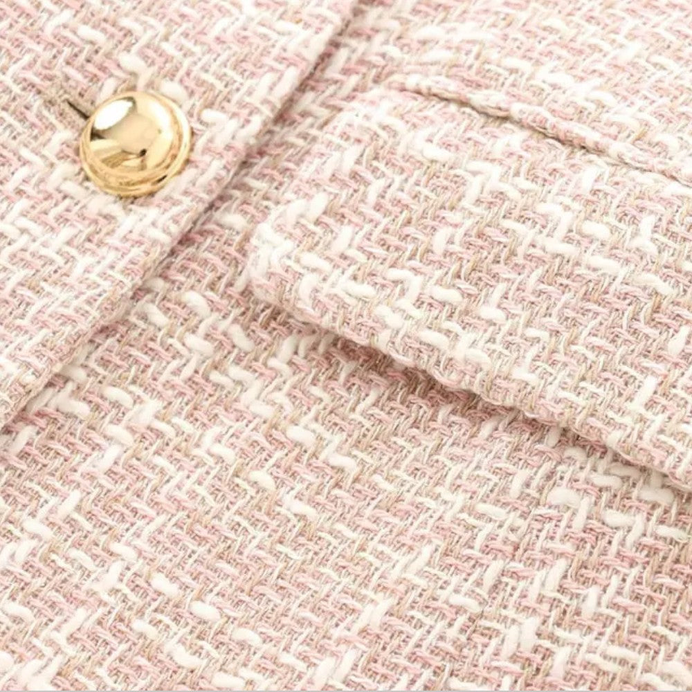 Blazer Tweed Femme – Boutonnage Croisé Col Cranté Poches à Rabat Style Intemporel