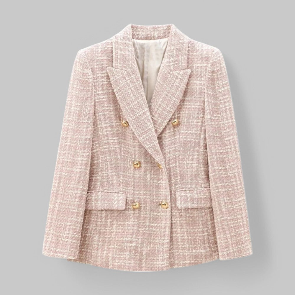 Blazer Tweed Femme – Boutonnage Croisé Col Cranté Poches à Rabat Style Intemporel
