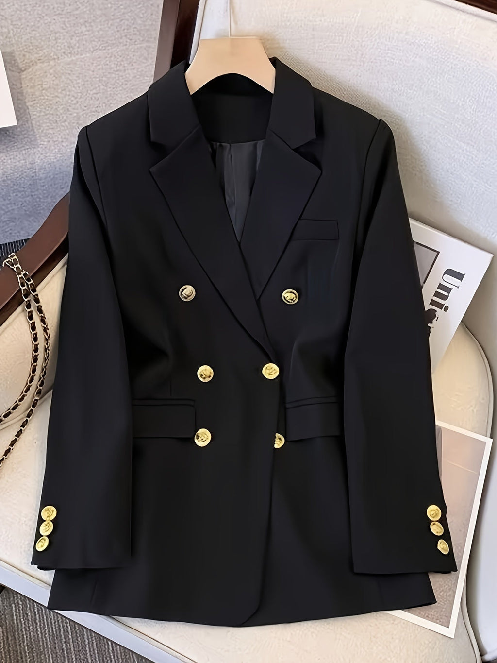 Blazer Femme – Boutonnage Croisé Col Cranté Poches à Rabat pour Tenue Formelle