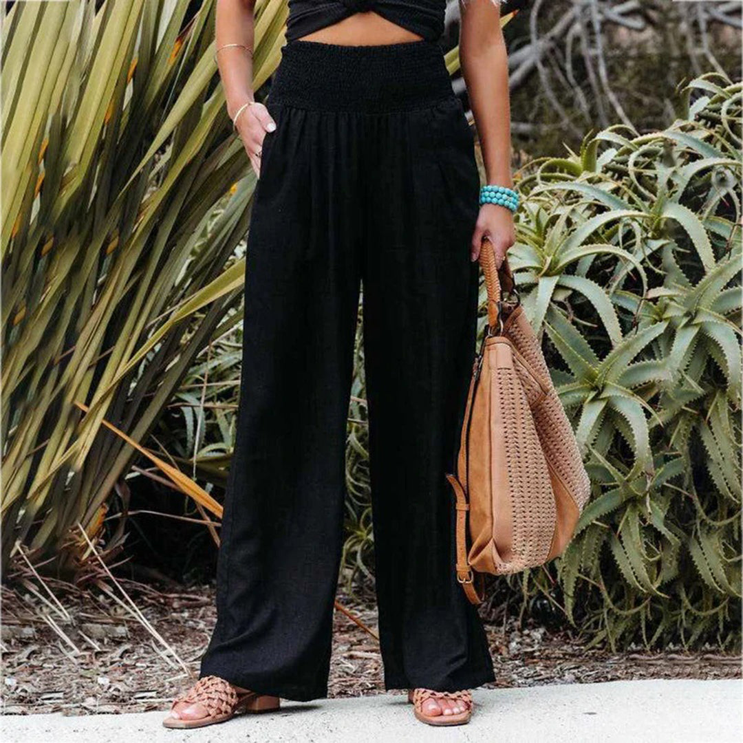 Pantalon femme coupe large taille haute élastique