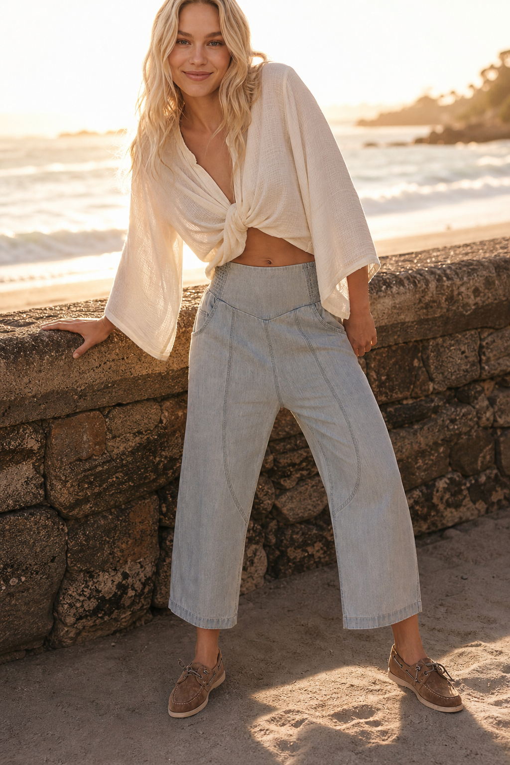 Pantalon en Coton et Lin Femme – Jambe Large et Ceinture Élastique