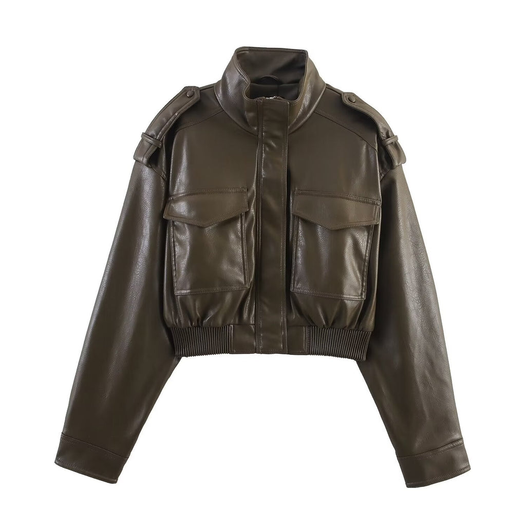Blouson en Similicuir Femme – Coupe Courte Poignets Côtelés Style Structuré