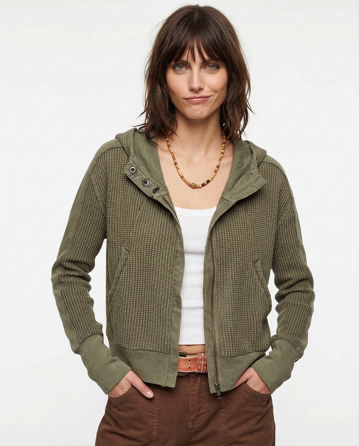 Sweat à Capuche Zippé Coton Femme – Coupe Crop Tricot Gaufré Style Actuel