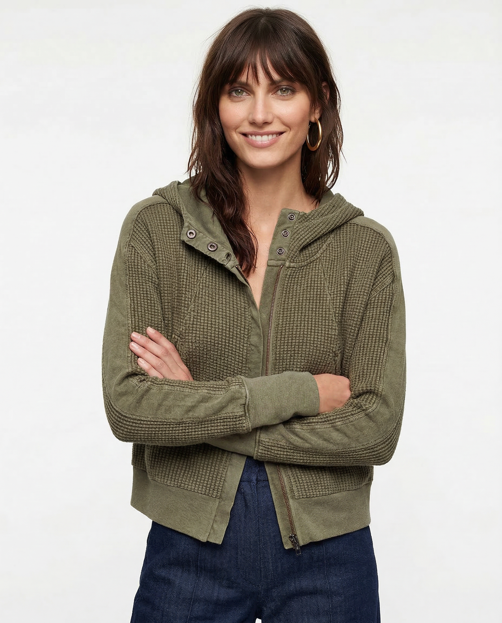 Sweat à Capuche Zippé Coton Femme – Coupe Crop Tricot Gaufré Style Actuel