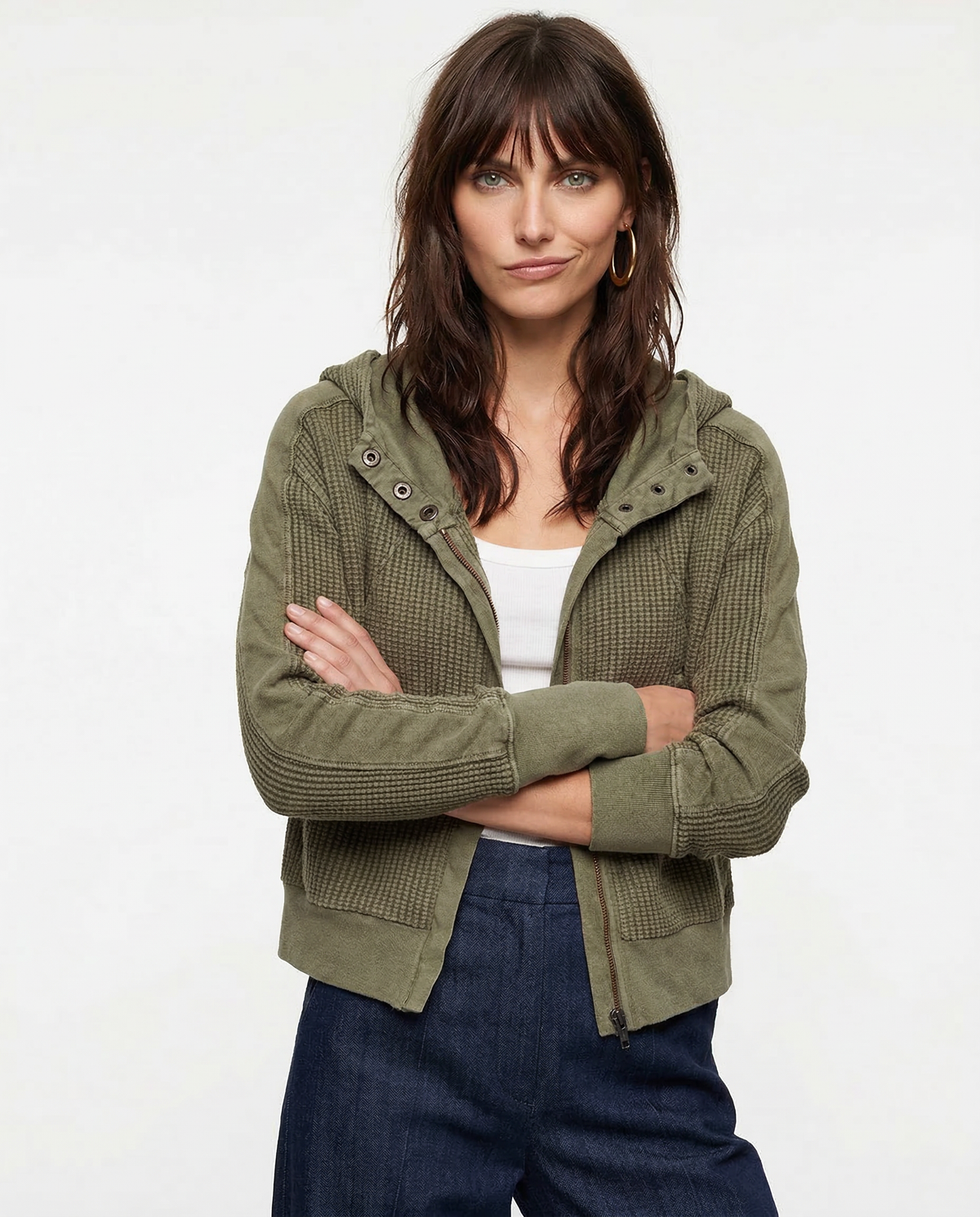 Sweat à Capuche Zippé Coton Femme – Coupe Crop Tricot Gaufré Style Actuel