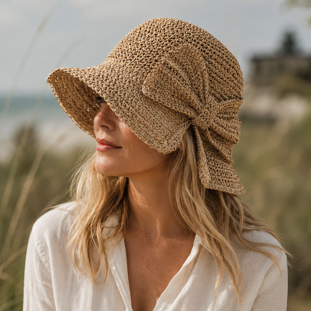 Chapeau de soleil bucket hat pour femme - grand nœud souple - voyage mode