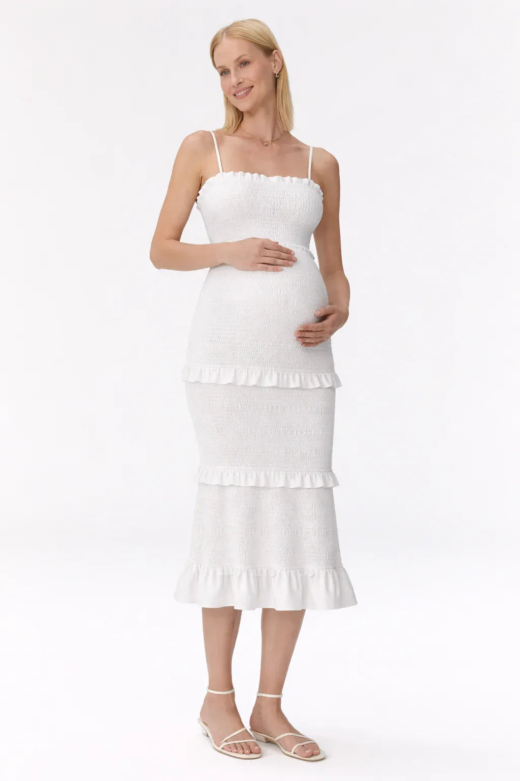 Robe maternité midi smockée à volants