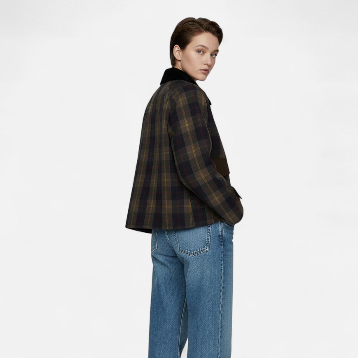 Ancienne Monde | Veste à Carreaux pour Femme – Col en Fausse Fourrure Douce