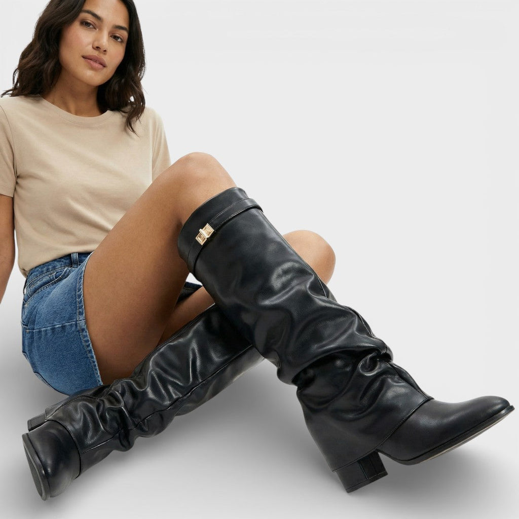 Bottes Femme – Bout Pointu Froncées Talon Bas Boucle Latérale Élégante