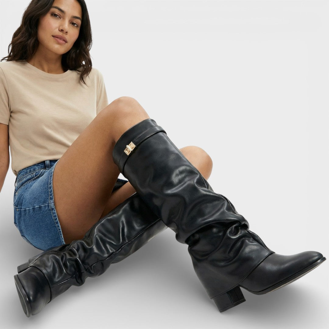 Bottes Femme – Bout Pointu Froncées Talon Bas Boucle Latérale Élégante