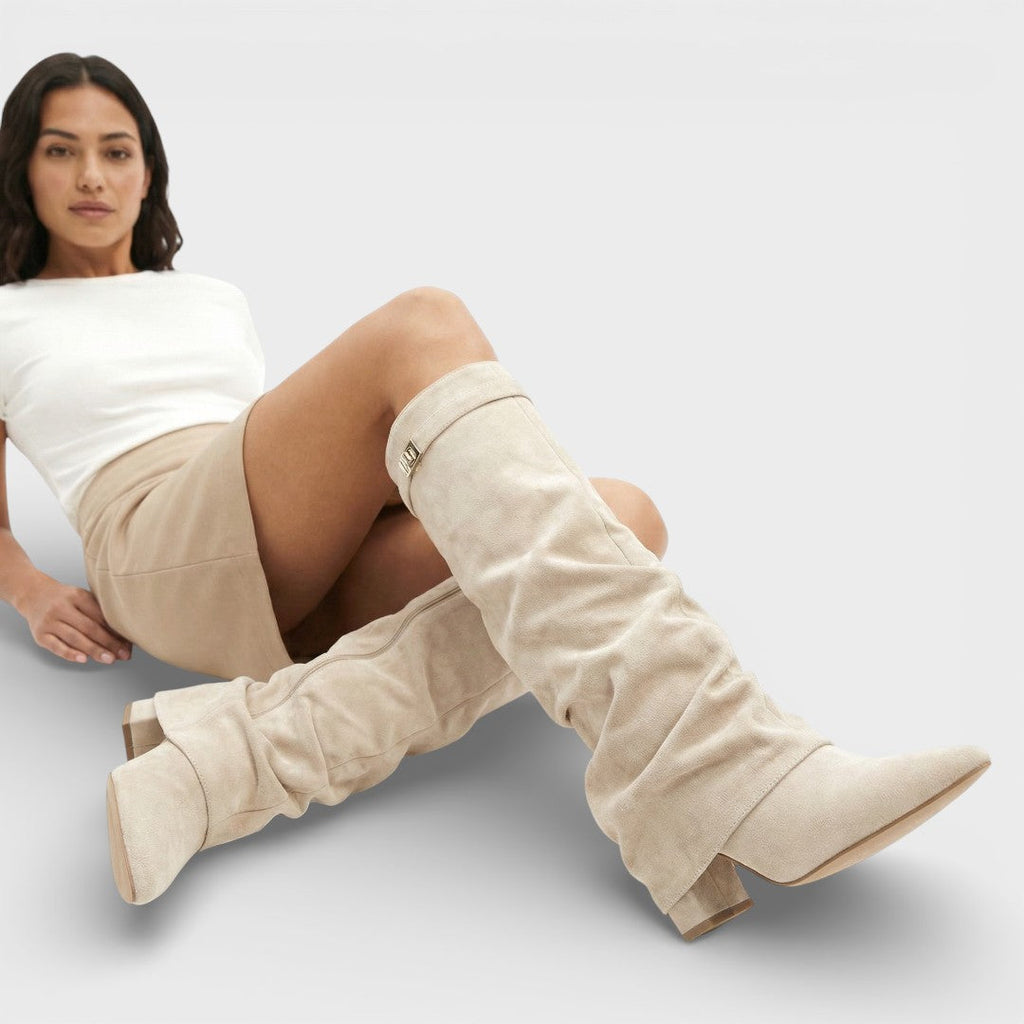 Bottes Femme – Bout Pointu Froncées Talon Bas Boucle Latérale Élégante