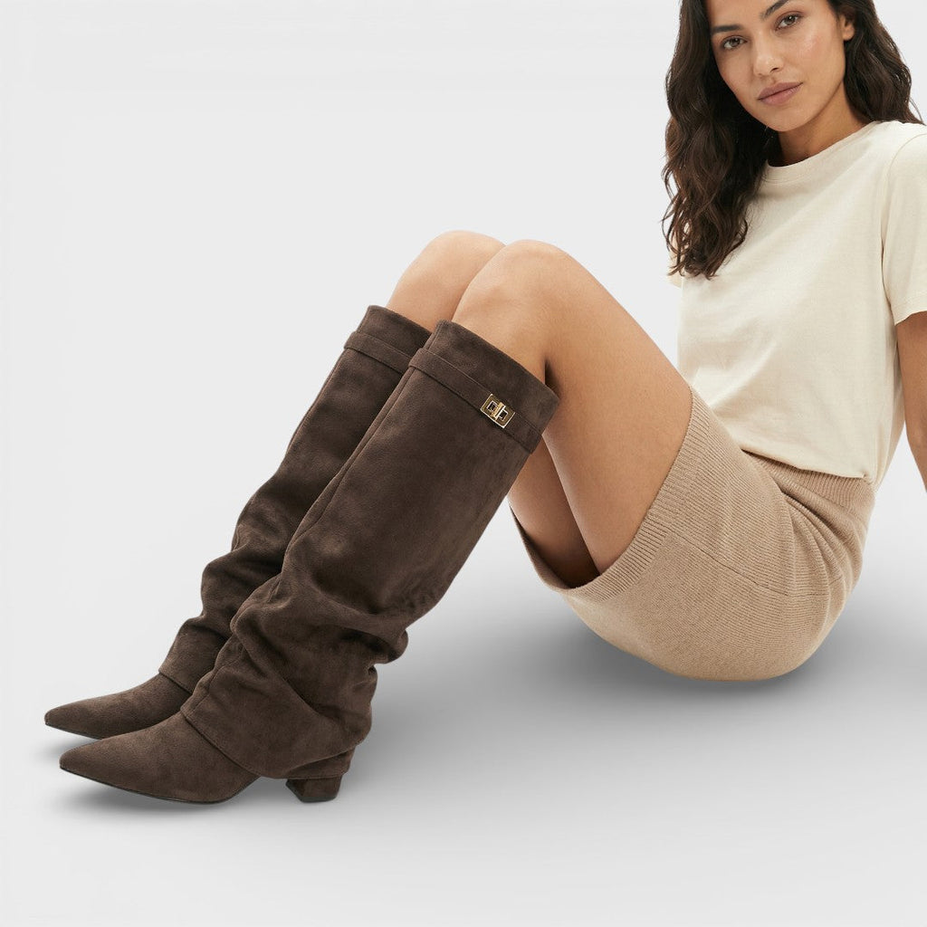 Bottes Femme – Bout Pointu Froncées Talon Bas Boucle Latérale Élégante