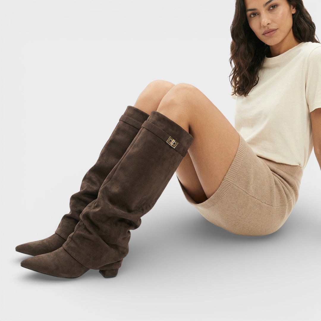 Bottes Femme – Bout Pointu Froncées Talon Bas Boucle Latérale Élégante