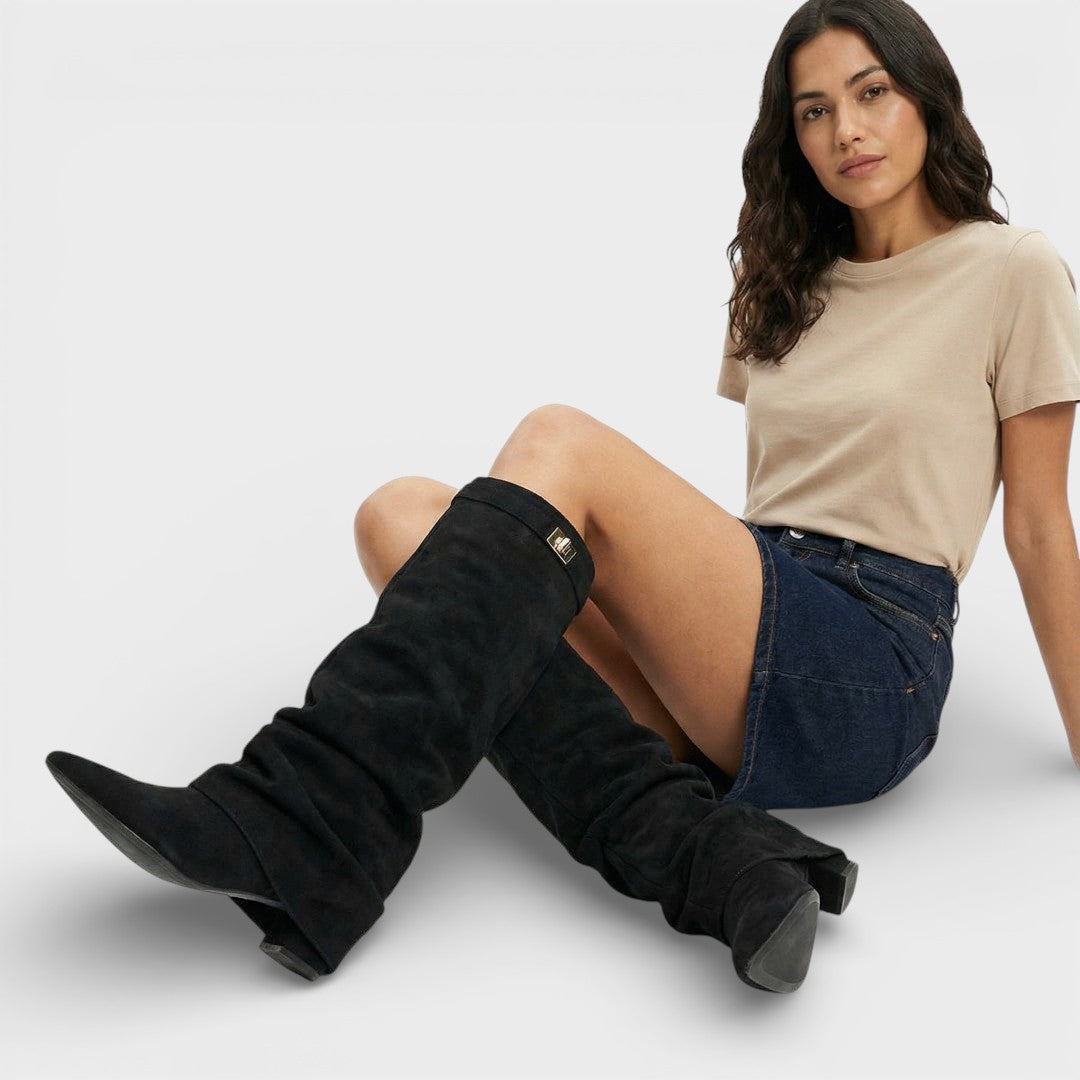 Bottes Femme – Bout Pointu Froncées Talon Bas Boucle Latérale Élégante