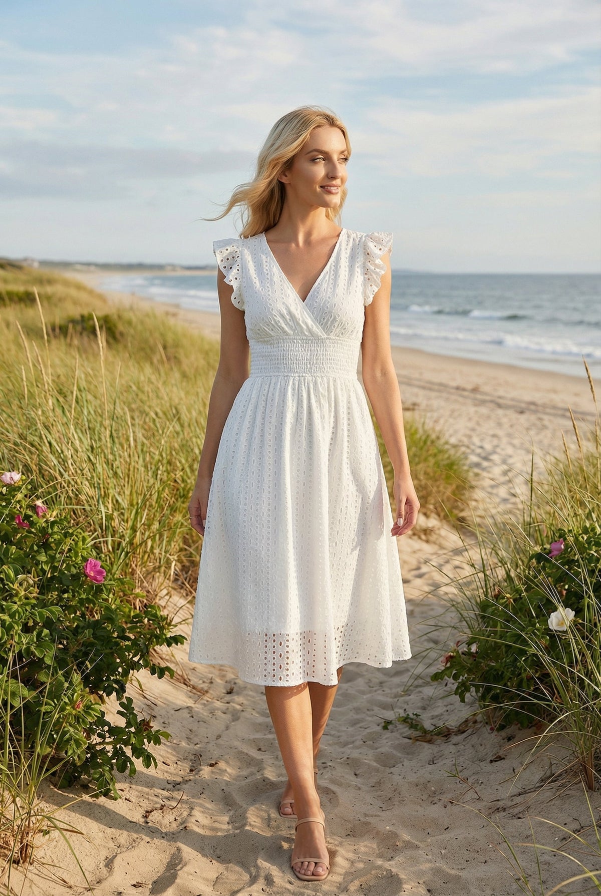Vêtement mi-long pour femme - robe trapèze ajourée à taille smockée | vacances