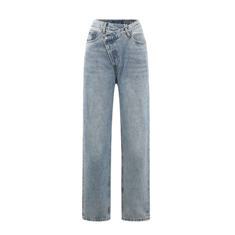Jean en Denim Femme – Jambe Large et Ceinture Croisée Asymétrique