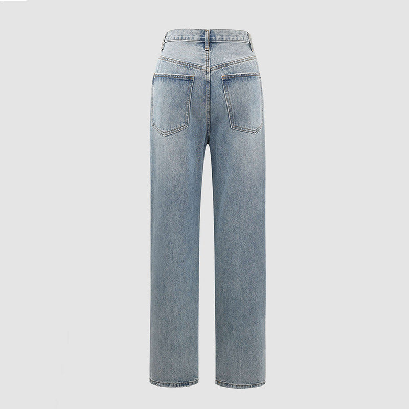 Jean en Denim Femme – Jambe Large et Ceinture Croisée Asymétrique
