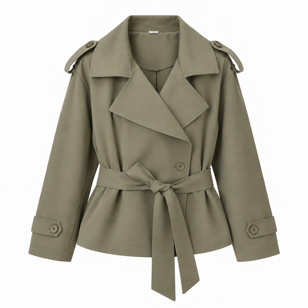 Trench Court Court à Lacets pour Femme, Veste Coupe-Vent à Revers et Manches Longues