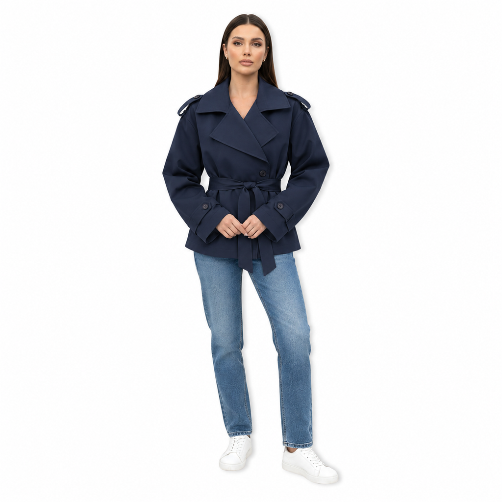Trench Court Court à Lacets pour Femme, Veste Coupe-Vent à Revers et Manches Longues