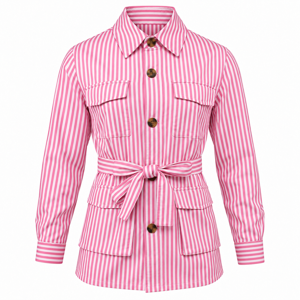 Veste saharienne à rayures pour homme avec ceinture et quatre poches plaquées