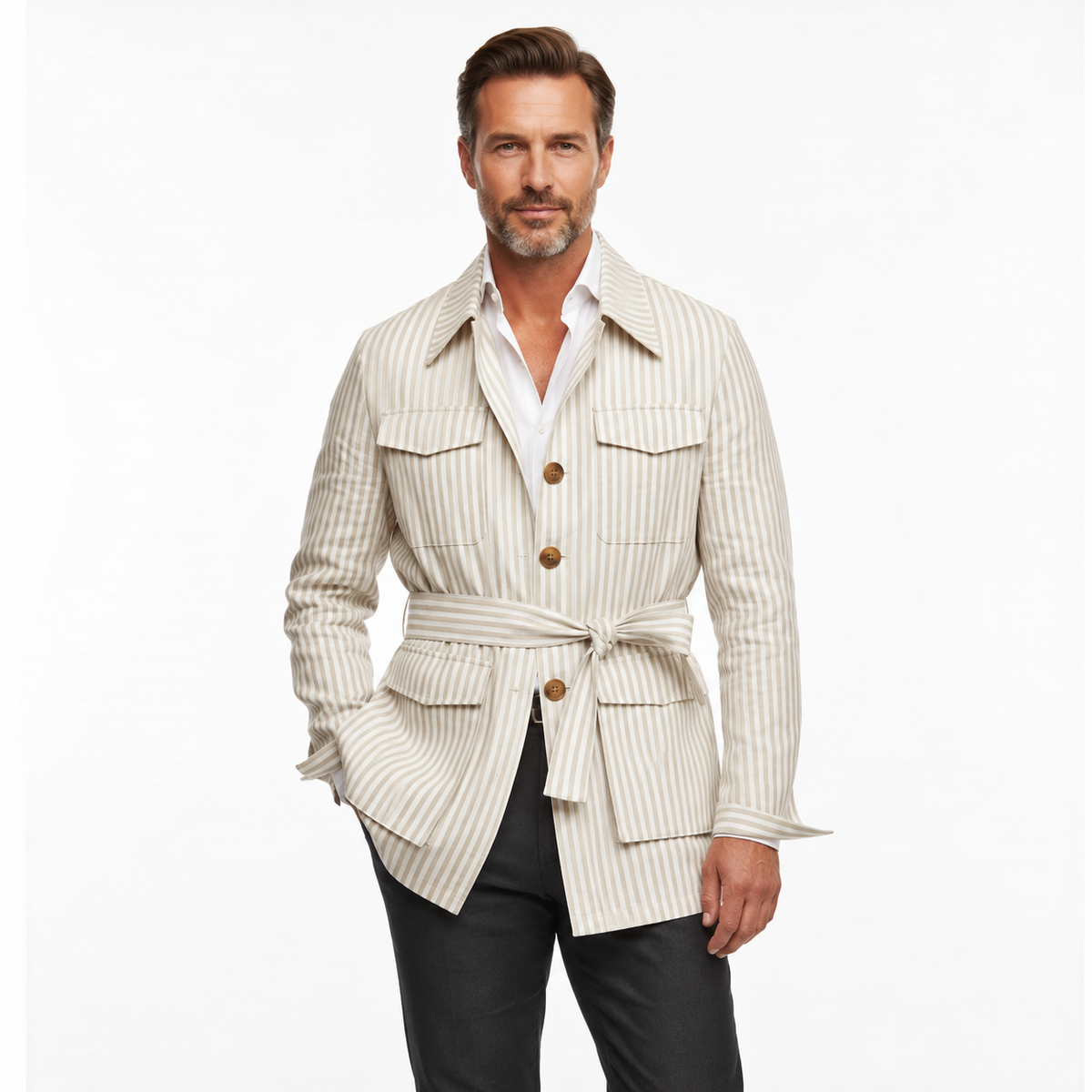 Veste Saharienne Rayée pour Homme – Ceinture et Poches Pratiques