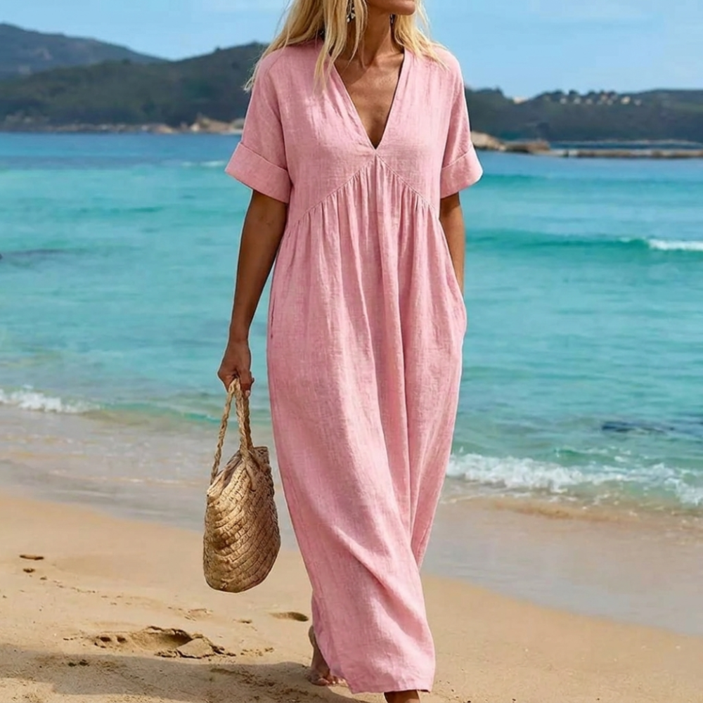 Robe maxi pour femme - style décontracté col en V pour vacances