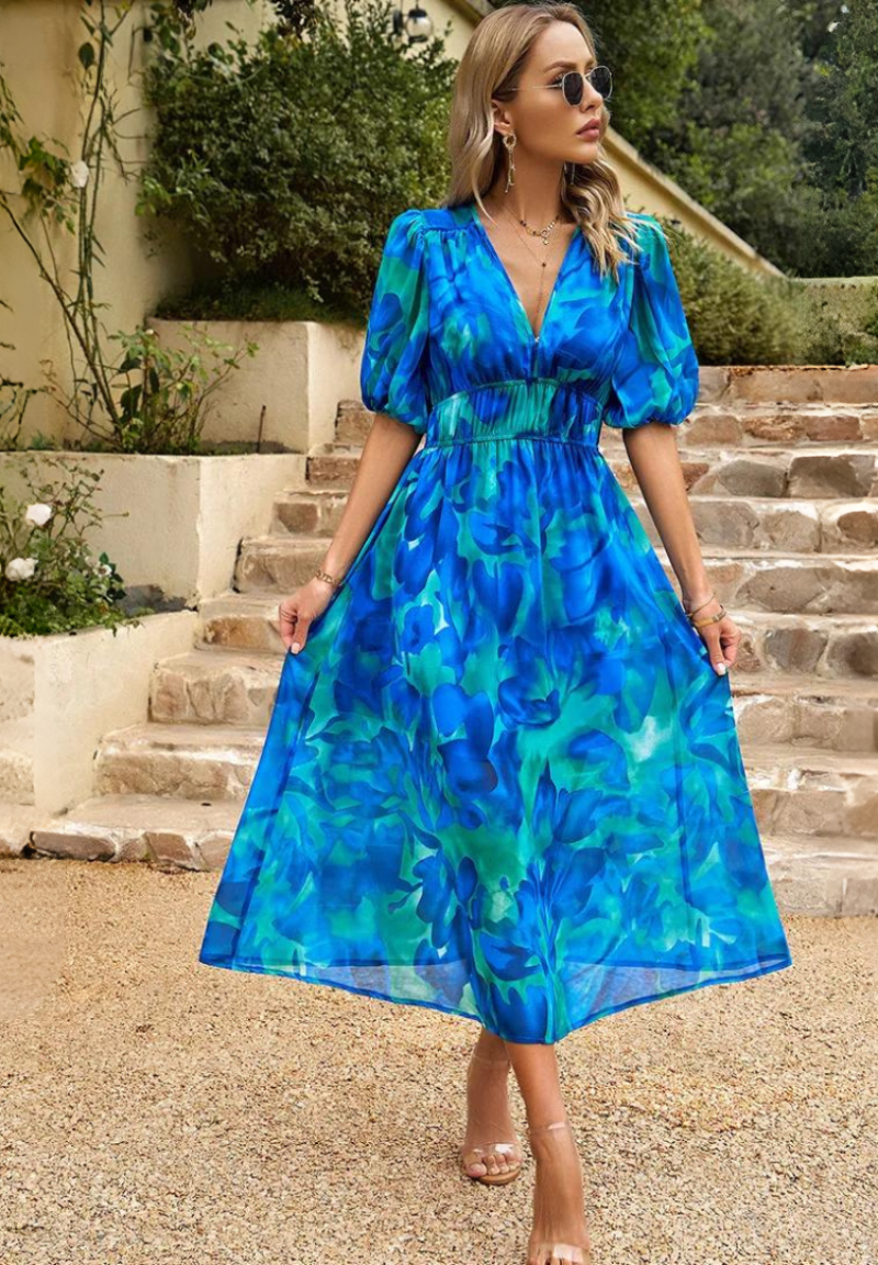 Robe imprimée pour femme - modèle évasé mi-long avec taille élastique - cocktail