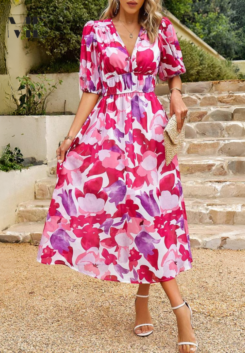 Robe imprimée pour femme - modèle évasé mi-long avec taille élastique - cocktail