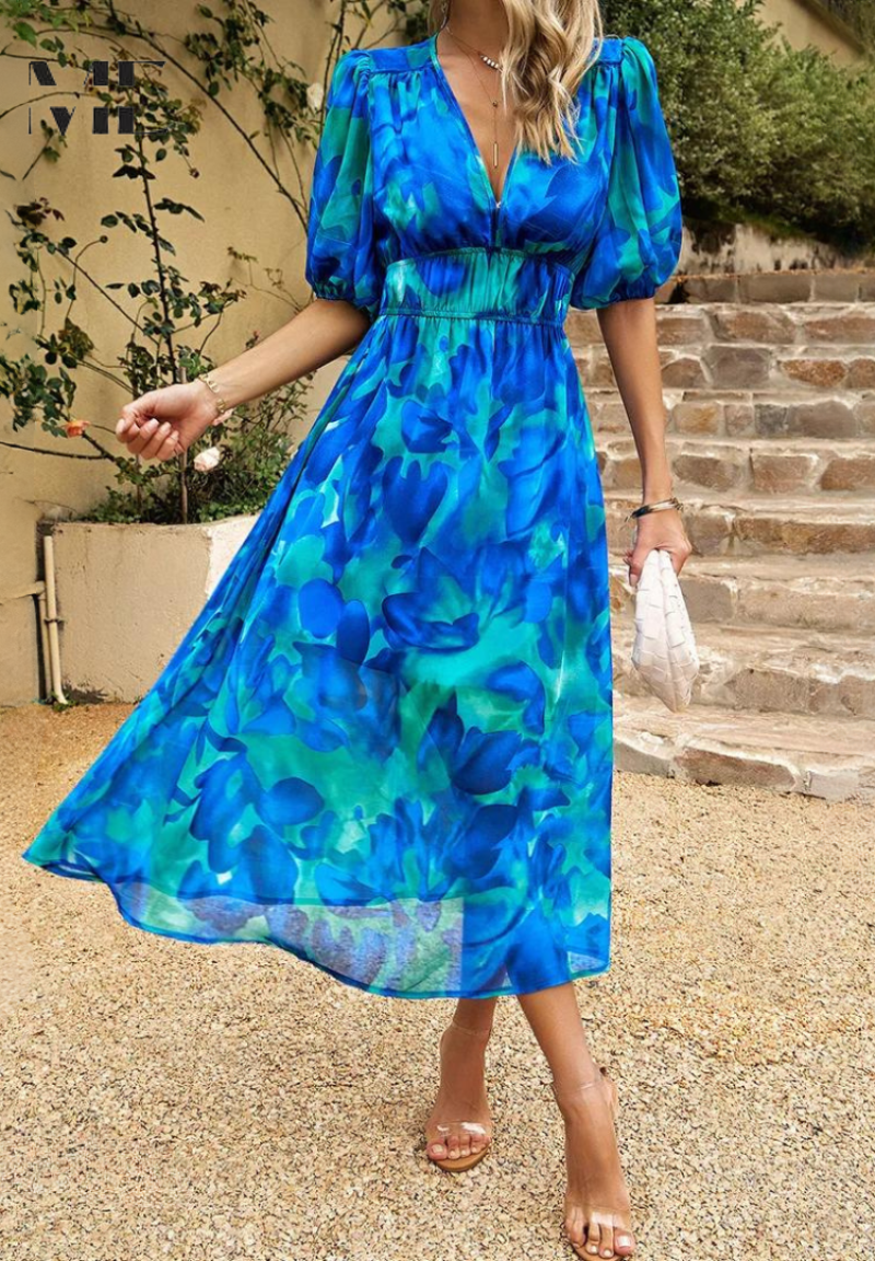 Robe imprimée pour femme - modèle évasé mi-long avec taille élastique - cocktail
