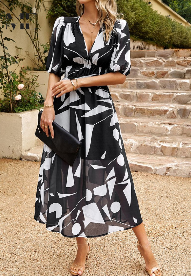 Robe imprimée pour femme - modèle évasé mi-long avec taille élastique - cocktail
