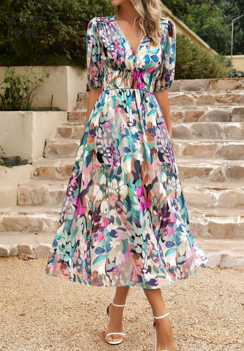 Robe imprimée pour femme - modèle évasé mi-long avec taille élastique - cocktail