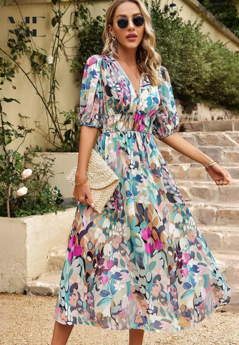 Robe imprimée pour femme - modèle évasé mi-long avec taille élastique - cocktail