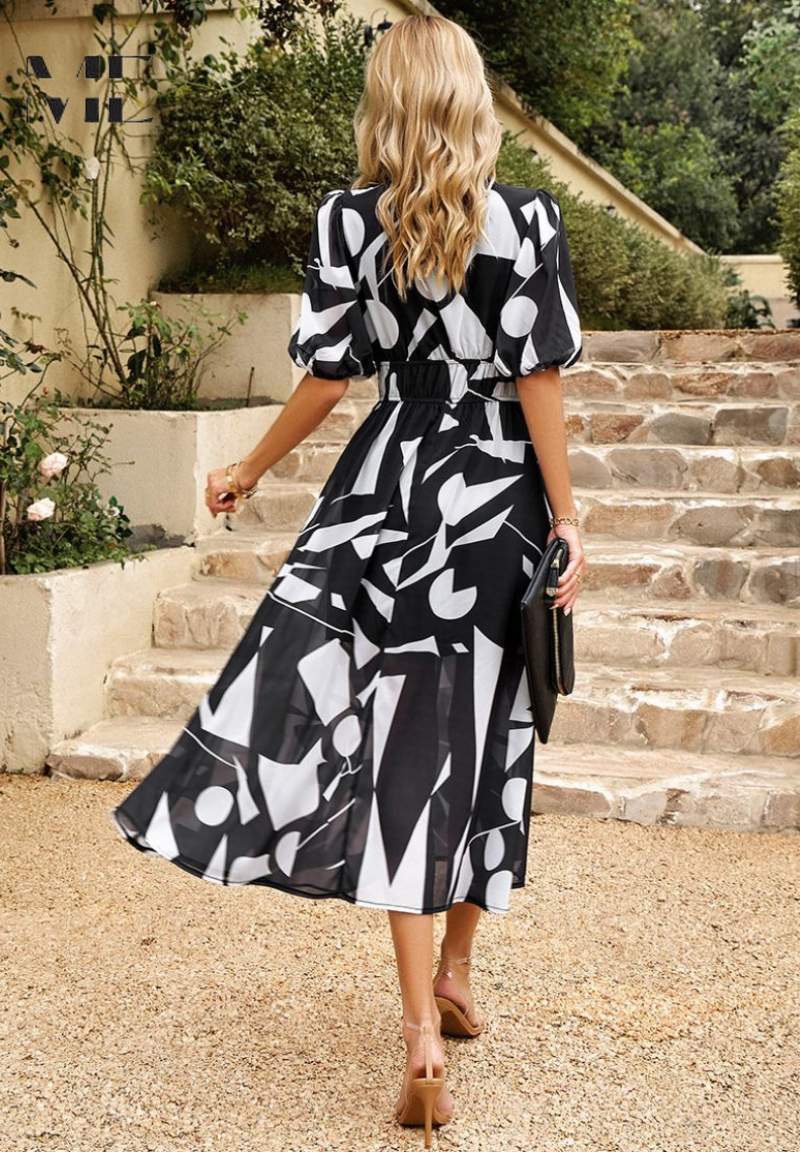 Robe imprimée pour femme - modèle évasé mi-long avec taille élastique - cocktail