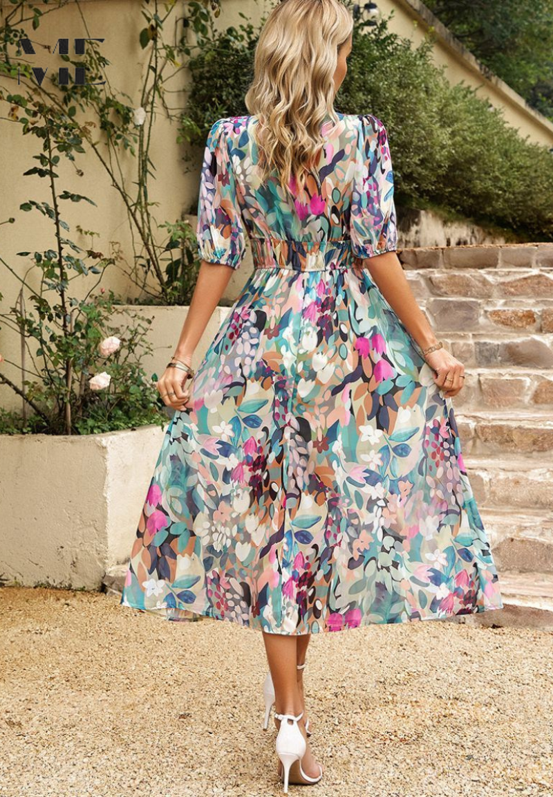 Robe imprimée pour femme - modèle évasé mi-long avec taille élastique - cocktail